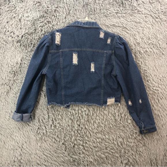 Denim Jacket Women XL Distressed Raw Hem Long Sleeve Denim Button Up Puff Sleeve - Picture 13 of 13